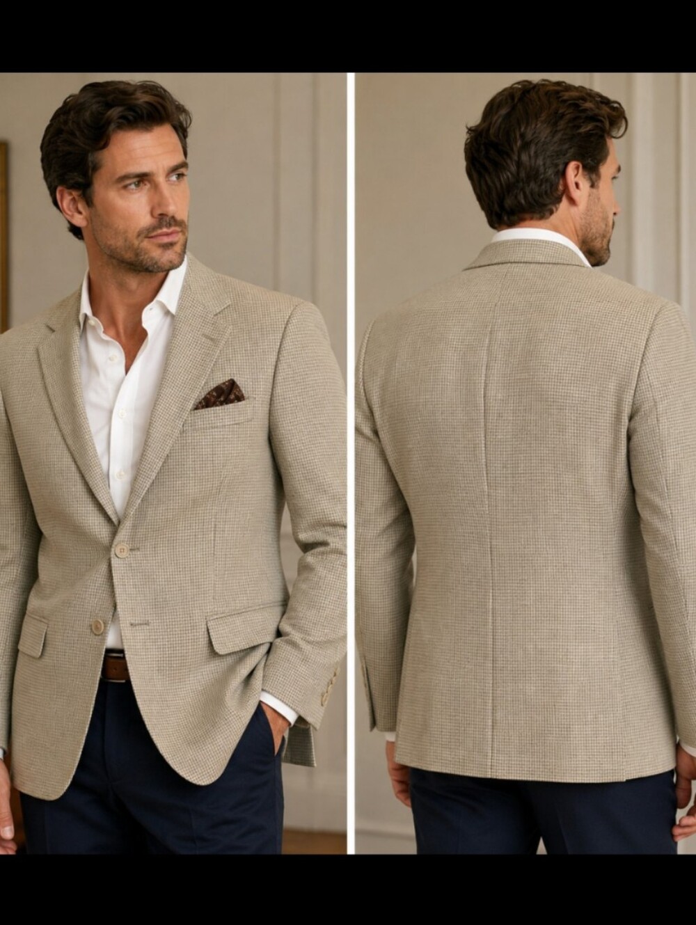Gianfranco Ruffin Italy Mens Sport Coat Blazer 46R Houndstooth Wool Silk Beige